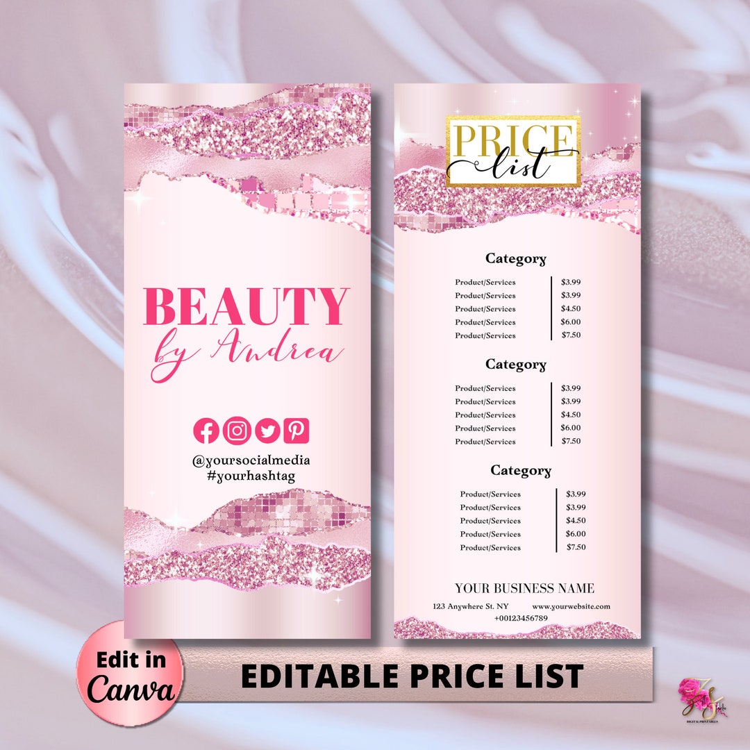 Pink Editable Price List Template, Printable Business Pricing Template ...