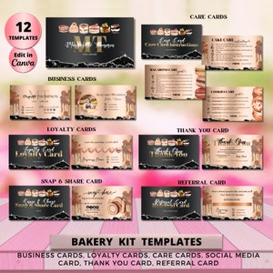 Gold MODERN Bakery Business Card Kit Template, DIY Loyalty Card, Cake Care Card, Referral Card, Thank You Card, Social Card, Cake Business