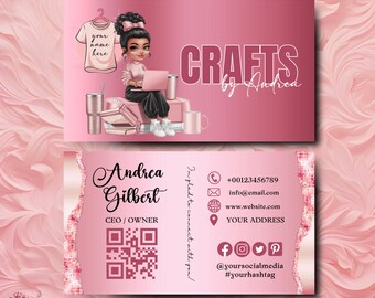 Pink Crafting Business Card Design, Crafter Logo T-shirt Business Card, Heat Press Card, DIY Business Card, T-shirt Tumbler Maker Card Canva