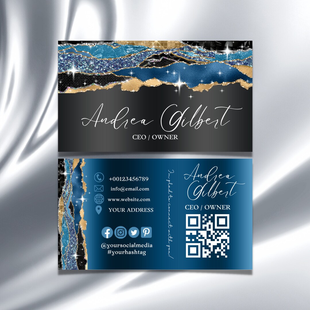 Editable Blue Black Glitter Business Card Template Blue Etsy
