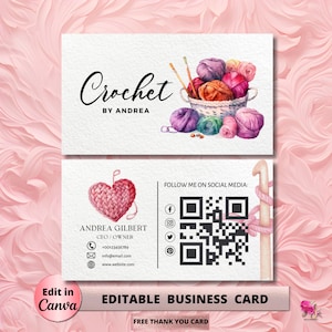 Crochet Modern Editable Business Card Template, Business Card, DIY Business Card Crochet Feminine Card Canva Template Add your Logo, Craft