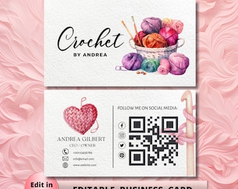 Crochet Modern Editable Business Card Template, Business Card, DIY Business Card Crochet Feminine Card Canva Template Add your Logo, Craft