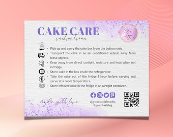 Purple Editable Cake Care Card, Printable Cake Care Template Wedding Cake Care Guide, Cake Transport Instructions, Instant Download