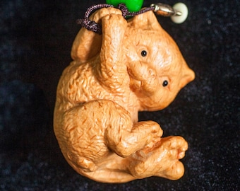 WOOD CAT CARVING Cat Swing Statue Cat Miniature Solid Wooden Animal Statue Cat Figurine Cat Ornament Cat Bag Charm Cat Lover Gift Wooden Toy