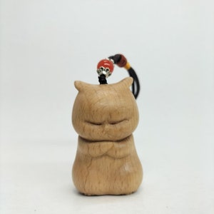 WOOD CARVING LITTLE Cat Unhappy Statue, Solid Wood Spirits Decor, Cat Keychain/Keyring, Cat Car Bag Zipper Charm Hanging, Pet Cat Lover Gift