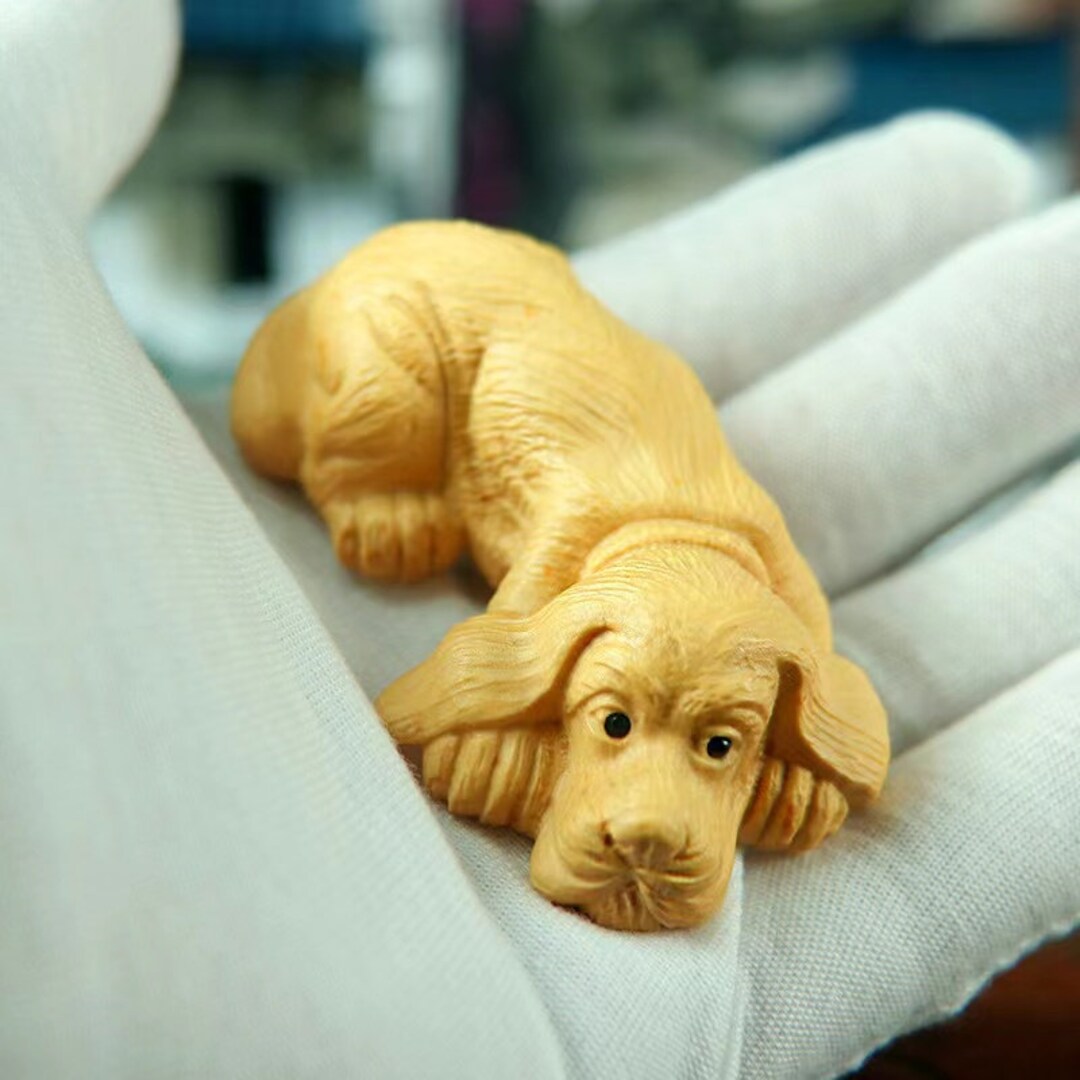 WOOD DOG CARVING Dog Animal Miniature Solid Wooden Dog Statue Dog