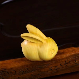 WOOD RABBIT CARVING: Bunny Animal Miniature Solid Wooden Rabbit Figurine, Rabbit Statue, Cute Ornament for Table Decor, Shelf Decor, Wooden