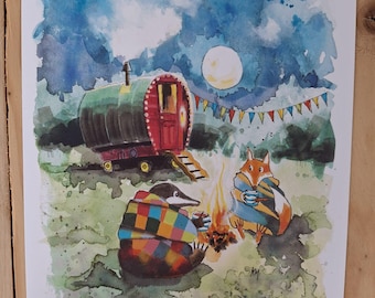 A5 Watercolour Print: Fox and Badger Glamping Bowtop Wagon, Summer Sky