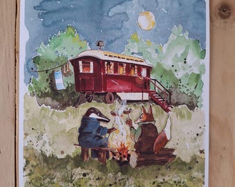 A5 Watercolor Print: Fox and Badger Showman's Wagon Camping Scene patina blue sky