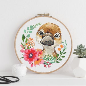 Flower Platypus Cross Stitch, Instant Download PDF, Exotic Animal Pattern, Modern X Stitch Pattern, Rustic Decor, Boho Gift Idea, Embroidery