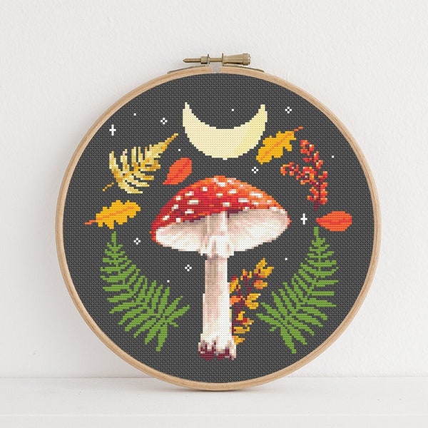 Woodland Mushroom Cross Stitch Pattern, Instant Download PDF, Counted Cross Stitch, Cross Stitch Art, Embroidery Art, Boho Wall Decor, Wald