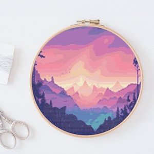 cross stitch pattern, landscape art, modern cross stitch, northern light, easy beginner embroidery , digital wall art, counted stitch pdf