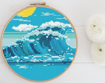 Waves Cross Stitch, Instant Download PDF Pattern, Counted Cross Stitch, Easy Cross Stitch Chart, Embroidery Pattern, Ocean Cross Stitch