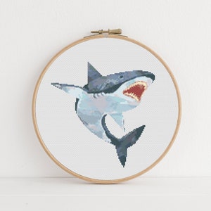 White Shark Cross Stitch, Ocean Animal Pattern, Instant Download PDF, Animal Embroidery, Aesthetic Room Decor, Boho Wall Art, Christmas Gift image 1