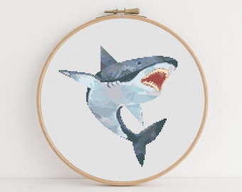 White Shark Cross Stitch, Ocean Animal Pattern, Instant Download PDF, Animal Embroidery, Aesthetic Room Decor, Boho Wall Art, Christmas Gift