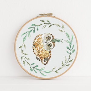 Laurel Owl Cross Stitch, Instant Download PDF, Woodland Animal Pattern, Modern Cross Stitch Pattern, Rustic Decor, Boho Home Gift, Cute Kid
