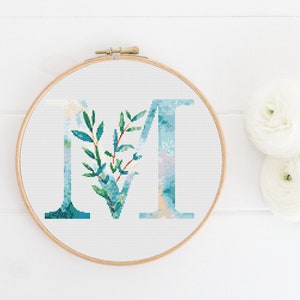 Letter M X Stitch, Instant Download PDF, Modern X Stitch Pattern, Botanical Monogram, Easy x Stitch, Counted Cross Stitch Chart, Embroidery