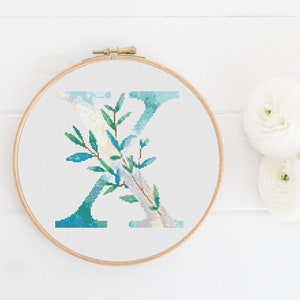 Buchstabe X Muster, sofortiger Download PDF, moderner X-Stichmuster, Botanisches Monogramm, Easy x Stitch, Kreuzstichvorlage, Stickerei