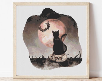 Black Cat Cross Stitch Pattern, Instant Download PDF, Counted Cross Stitch, Modern Stitch Chart, Embroidery Art, Halloween Design, Hoop Art