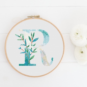 Buchstabe R Muster, sofortiger Download PDF, moderner X-Stich Muster, Botanisches Monogramm, Easy x Stitch, Kreuzstichvorlage, Stickerei