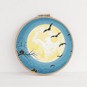 Moon Cross Stitch, Spooky Pattern Tutorial, Instant Download PDF, Modern Cross Stitch Pattern, Halloween Cross Stitch, Counted Cross Stitch