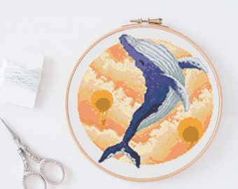クジラのクロスステッチ図案、海の動物の刺繍デザイン、ギャラクシー