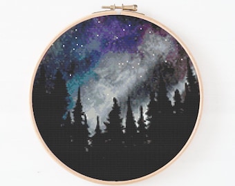 cross stitch pattern, landscape art, modern cross stitch, northern light, easy beginner embroidery , digital wall art, counted stitch pdf