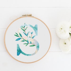 Letter S Pattern, Instant Download PDF, Modern X Stitch Pattern, Botanical Monogram, Easy x Stitch, Counted Cross Stitch Chart, Embroidery