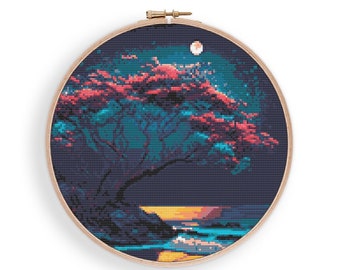 Mystery Tree Cross Stitch Pattern #1059, Cross Stitch PDF, Counted Cross Stitch, Embroidery Art, Boho Wall Decor, Magical Landscape