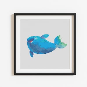 May include: A blue whale with a white belly and a green tail fin, swimming in a light gray background. The whale has a friendly expression and is depicted in a cartoon style.