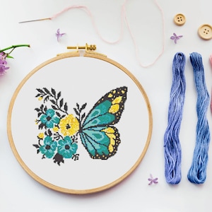 Butterfly Cross Stitch, Instant Download PDF Pattern, Counted Cross Stitch, Easy Cross Stitch Chart, Embroidery Pattern, Floral Cross Stitch