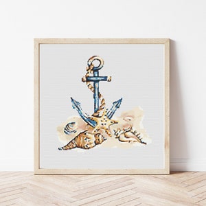 May include: A blue anchor with a rope wrapped around it, surrounded by seashells and a starfish on a white background.