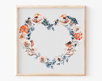 Wzór haftu krzyżykowego Flower Heart, natychmiastowe pobranie pliku PDF, nowoczesny ścieg X, wykres haftu, sztuka boho, haft krzyżykowy, prezent na dzień matki