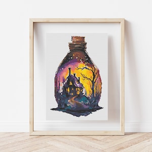 Magic Bottle Cross Stitch Pattern #1137, Cross Stitch PDF, Counted Cross Stitch, Embroidery Art, Boho Wall Decor, Magical Landscape