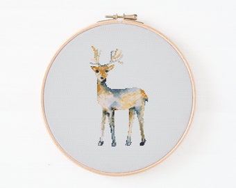 Cerf, point de croix, téléchargement immédiat, modèle PDF, motif aquarelle, motif moderne de point de croix, animal, point de croix, broderie facile
