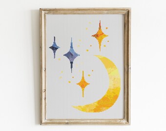 May include: A framed print of a crescent moon with a yellow gradient and three blue and purple stars with yellow centers. The background is a light gray.