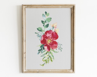 Könnte beinhalten: Ein gerahmtes Kreuzstich-Stickbild mit einer roten Blume, grünen Blättern und gelben Blüten.