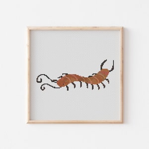 May include: A brown and black centipede cross-stitch pattern in a wooden frame.