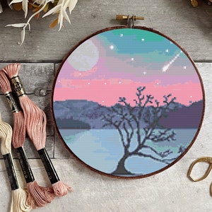 cross stitch pattern, landscape art, modern cross stitch, northern light, easy beginner embroidery , digital wall art, counted stitch pdf