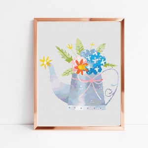 Flower Can Cross Stitch Pattern, Download PDF Pattern, Retro Cross Stitch Art, Modern Stitch Chart, Embroidery Pattern, Floral Home Decor