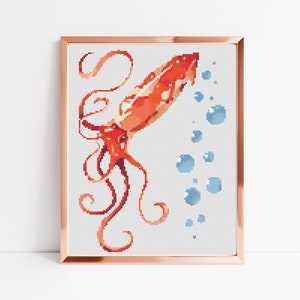 Squid Cross Stitch Pattern, Instant Download PDF, Counted Cross Stitch, Cross Stitch Art, Embroidery Hoop, Nursery Decor, Ocean Wall Art