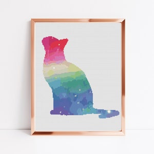 Rainbow Kitty Cross Stitch, Instant Download Pattern PDF, Modern Cross Stitch Chart, Animal Embroidery, Boho Picture, Aesthetic Room Decor