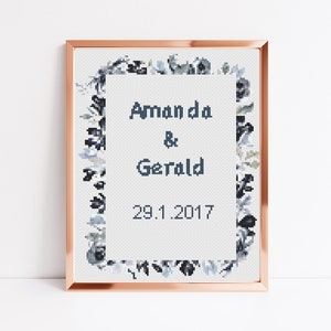 結婚のお知らせ、PDFの即時ダウンロード、カスタムクロスステッチパターン、モノグラム結婚祝い、パーソナライズされたクロスステッチチャート、刺繍