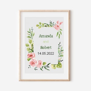 結婚のお知らせ、PDFの即時ダウンロード、カスタムクロスステッチパターン、モノグラム結婚祝い、パーソナライズされたクロスステッチチャート、刺繍