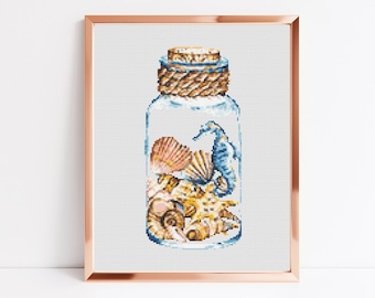 Underwater Jar Cross Stitch, Instant Download PDF, Easy Cross Stitch Pattern, Boho Home Decor, Wall Hanging Design, Ocean Embroidery Decor