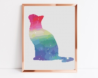 Rainbow Kitty Cross Stitch, Instant Download Pattern PDF, Modern Cross Stitch Chart, Animal Embroidery, Boho Picture, Aesthetic Room Decor