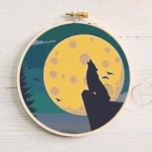 Wolf Moon Cross Stitch, Instant Download PDF, Modern X Stitch Pattern, Romantic X Stitch, Counted Cross Stitch, Boho Home Decor, Tutorial