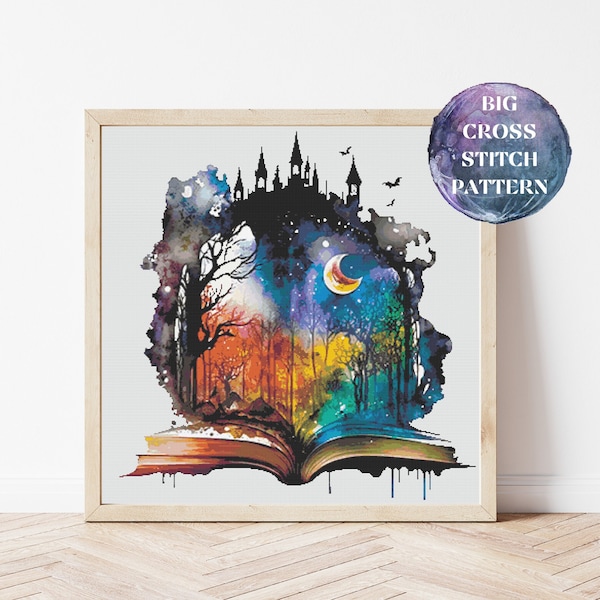 Magic Book Full Coverage Cross Stitch Pattern, Instant Download PDF, Counted Cross Stitch, Modern Stitch Chart, Embroidery Art, Room Decor