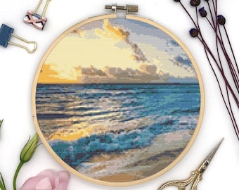 Beach Cross Stitch, PDF Cross Stitch Pattern, Instant Download Pattern, Modern X Stitch Chart, Sunset X Stitch Chart, Boho Gift Idea