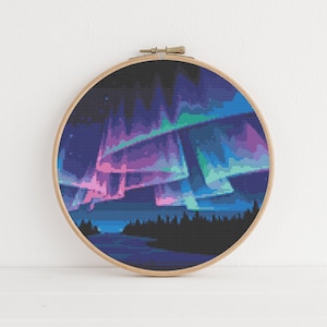 cross stitch pattern, landscape art, modern cross stitch, northern light, easy beginner embroidery , digital wall art, counted stitch pdf